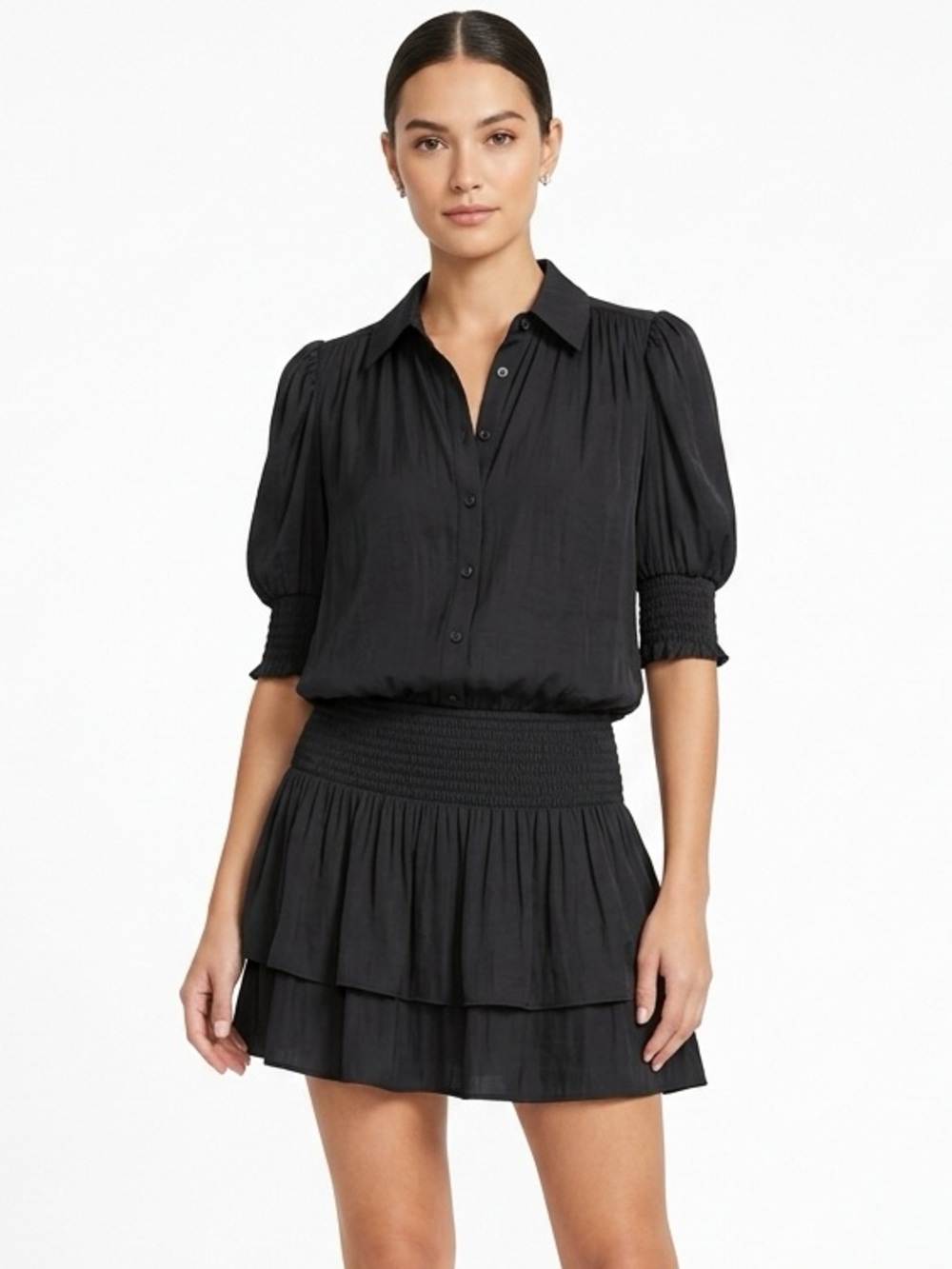 Ramy Brook Royce Puff Sleeve Tiered Mini Dress Black S
